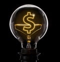 Lightbulb with a glowing wire in the shape of a Dollar symbol s