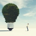 Lightbulb grass. Man looks up to a lightbulb made of grass . Royalty Free Stock Photo