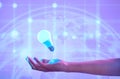 Lightbulb, hand and idea of future, global networking or ai technology on digital purple background. Energy, electricity