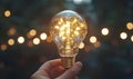 Lightbulb held in hand, glowing filaments visible. Soft bokeh background with warm light Royalty Free Stock Photo