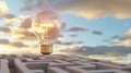 Unlock Innovation Navigating the Maze of Ideas to Find the Spark of Inspiration, A Conceptual Image of a Lightbulb Hovering Above