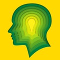 Lightbulb within human profile shape. Deep paper layered cut out art in origami style. Vector illustration