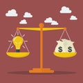 Lightbulb ideas and money balance on the scale