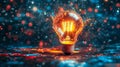 A lightbulb is illuminated by colorful water splashes against a dark background Royalty Free Stock Photo
