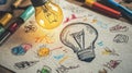 Lightbulb Idea Concept with Colorful Doodles on Paper Royalty Free Stock Photo