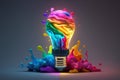 Lightbulb with Impactful colourful explosion of paint energy. Generative ai Royalty Free Stock Photo