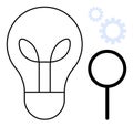Lightbulb with Leaf Inside, Gears, and Magnifying Glass for Innovation and Problem-Solving Royalty Free Stock Photo