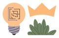 Lightbulb with circuit design, abstract crown, and leafy plant symbolizing creativity and innovation Royalty Free Stock Photo