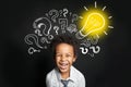 Lightbulb, question marks and smart laughing child. Brainstorming and idea concept