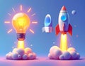 Lightbulb and Rocket Launching with Clouds and a Planet in the Sky Keywords: lightbulb, idea, innovation, rocket Royalty Free Stock Photo