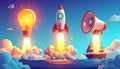 Lightbulb, Rocket, and Megaphone Launching from Ship on Water at Night Keywords: lightbulb, idea, innovation, rocket Royalty Free Stock Photo