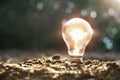 lightbulb on soil and sunshine. concept saving energy solar power Royalty Free Stock Photo