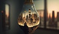 lightbulb with an upside down city, digital art illustration, Generative AI Royalty Free Stock Photo