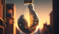 lightbulb with an upside down city, digital art illustration, Generative AI Royalty Free Stock Photo