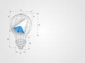 The lightbulb wireframe with ratio containing origami airplane on grid background represent design thinking and innovation concept