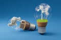 lightbulbs with minature wind turbine and coal-fired power station inside green soil and clouds pollution and smoke renewable