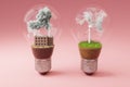 lightbulbs with minature wind turbine and coal-fired power station inside green soil and clouds pollution and smoke renewable