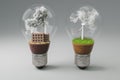 lightbulbs with minature wind turbine and coal-fired power station inside green soil and clouds pollution and smoke renewable