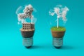 lightbulbs with minature wind turbine and coal-fired power station inside green soil and clouds pollution and smoke renewable