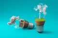 lightbulbs with minature wind turbine and coal-fired power station inside green soil and clouds pollution and smoke renewable