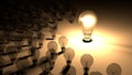 Lightbulbs placed around the glowing light bulb. The big lighbulb is glowing surounded by small lightbulbs, which are dead and shu Royalty Free Stock Photo