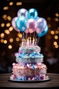 a lighted birthday cake with balloons sitting on top
