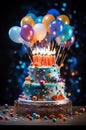 a lighted birthday cake with balloons sitting on top