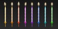 Lighted birthday cake colorful candles 3d realistic set. Birthday celebration party candles Royalty Free Stock Photo