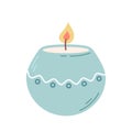 Lighted candle in blue candlestick with pattern on white background, vector flat illustration Royalty Free Stock Photo