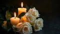 Lighted candle and elegant white roses arrangement on dark background. All souls day, Death, decrease, Prayer, Memirial Royalty Free Stock Photo