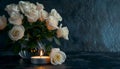 Lighted candle and elegant white roses arrangement on dark background. All souls day, Death, decrease, Prayer, Memirial Royalty Free Stock Photo