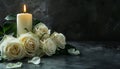 Lighted candle and elegant white roses arrangement on dark background. All souls day, Death, decrease, Prayer, Memirial Royalty Free Stock Photo