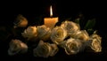 Lighted candle and elegant white roses arrangement on dark background. All souls day, Death, decrease, Prayer, Memirial Royalty Free Stock Photo