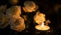 Lighted candle and elegant white roses arrangement on dark background. All souls day, Death, decrease, Prayer, Memirial Royalty Free Stock Photo