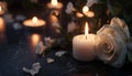 Lighted candle and elegant white roses arrangement on dark background. All souls day, Death, decrease, Prayer, Memirial Royalty Free Stock Photo