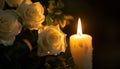 Lighted candle and elegant white roses arrangement on dark background. All souls day, Death, decrease, Prayer, Memirial Royalty Free Stock Photo