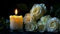 Lighted candle and elegant white roses arrangement on dark background. All souls day, Death, decrease, Prayer, Memirial Royalty Free Stock Photo