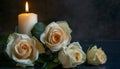 Lighted candle and elegant white roses arrangement on dark background. All souls day, Death, decrease, Prayer, Memirial Royalty Free Stock Photo