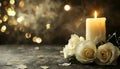 Lighted candle and elegant white roses arrangement on dark background. All souls day, Death, decrease, Prayer, Memirial Royalty Free Stock Photo