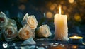 Lighted candle and elegant white roses arrangement on dark background. All souls day, Death, decrease, Prayer, Memirial Royalty Free Stock Photo