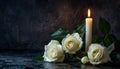 Lighted candle and elegant white roses arrangement on dark background. All souls day, Death, decrease, Prayer, Memirial Royalty Free Stock Photo