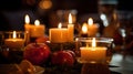 Lighted candles stand on the festive served dinner table, generative ai