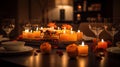 Lighted candles stand on the festive served dinner table, generative ai