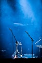 Empty Stage and Fog with Microphones and Guitar Royalty Free Stock Photo