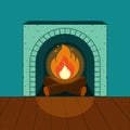A lighted fireplace on the background of a cozy interior. Vector illustration
