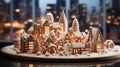 a lighted gingerbread village with snow on it