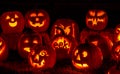 Lighted Halloween Pumpkins with Candles Royalty Free Stock Photo