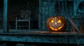 A Lighted Jack-o\'-Lantern with Spiderweb on a Creaky Porch Royalty Free Stock Photo