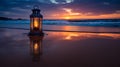 Meditative Sunset: Captivating Reflections Of An Old Lantern On The Beach