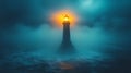 Lighted lighthouse in foggy coastal night Royalty Free Stock Photo